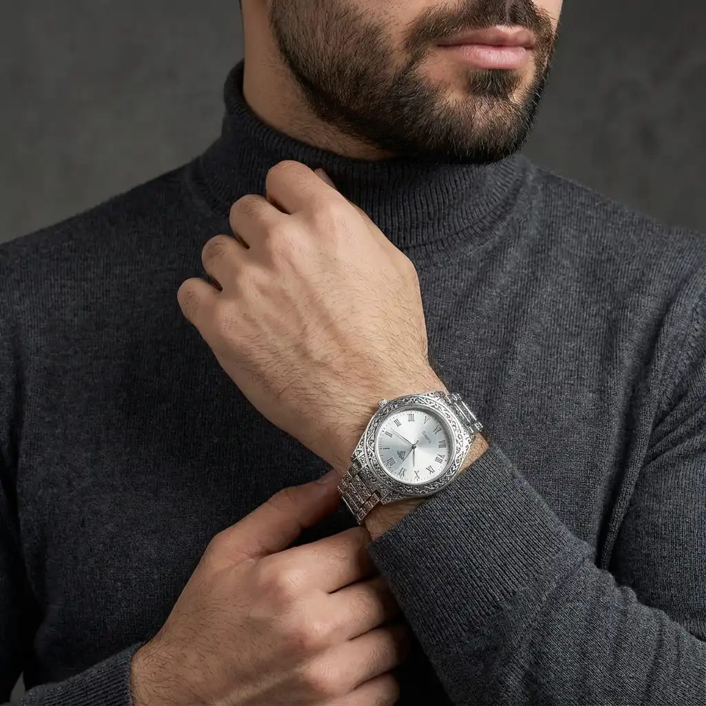 ساعت نقره مردانه سیاه قلم بدون نگین 61.5 گرمی نقره اصل 925(WS7)