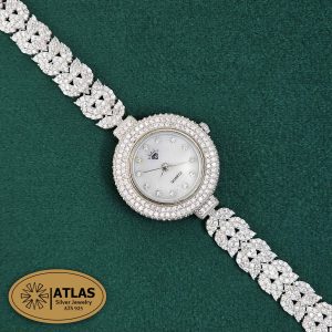 بهترین هدیه عید نوروز برای عروس 61 ساعت نقره زنانه مجلسی با نگین های برلیان 30.5 گرمی نقره اصل 925