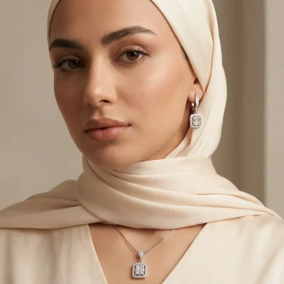 نیم ست نقره جواهری زنانه امرالدکات با نگین های برلیان و باگت 5.7 گرمی نقره اصل 925(NE3)