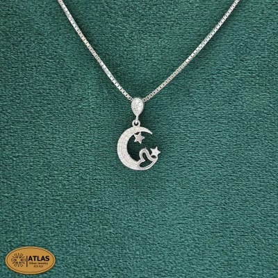 مدال نقره ماه و ستاره دخترانه با زنجیر و نگین های برلیان 3.7 گرمی نقره اصل 925