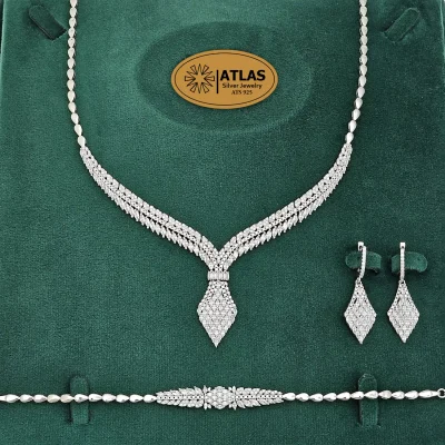 سرویس نقره جواهری زنانه مجلسی نگین های مارکیز و برلیان 32.8 گرمی نقره اصل 925