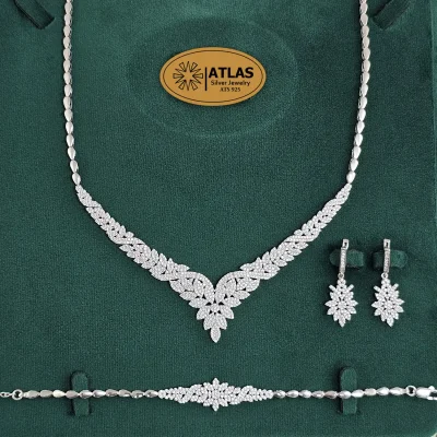 سرویس نقره جواهری زنانه مجلسی با نگین های برلیان 34.5 گرمی نقره اصل 925