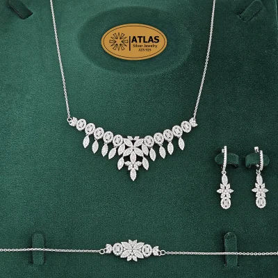 سرویس نقره زنانه زنجیری با نگین های برلیان و باگت 18.8 گرمی نقره اصل 925