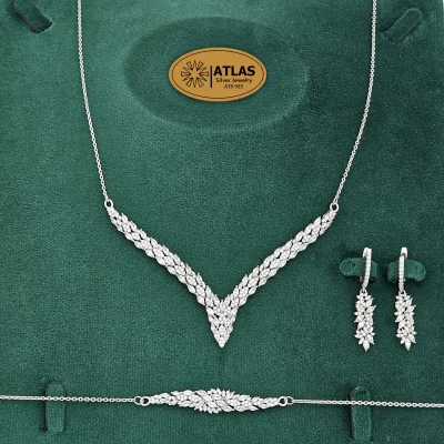 سرویس نقره زنانه زنجیری با نگین های برلیان و مارکیز 20.3 گرمی نقره اصل 925