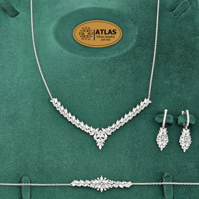 سرویس نقره زنانه زنجیری با نگین های برلیان و مارکیز 19.5 گرمی نقره اصل 925