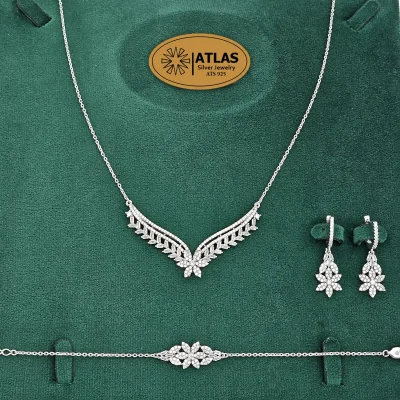 سرویس نقره زنجیری با نگین های برلیان و باگت 15.5 گرمی نقره اصل 925