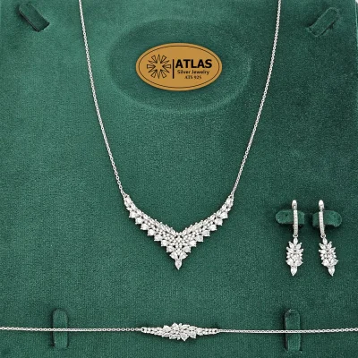 سرویس نقره زنانه میکرو با نگین های برلیان و مارکیز، اشک 16.3 گرمی نقره اصل 925