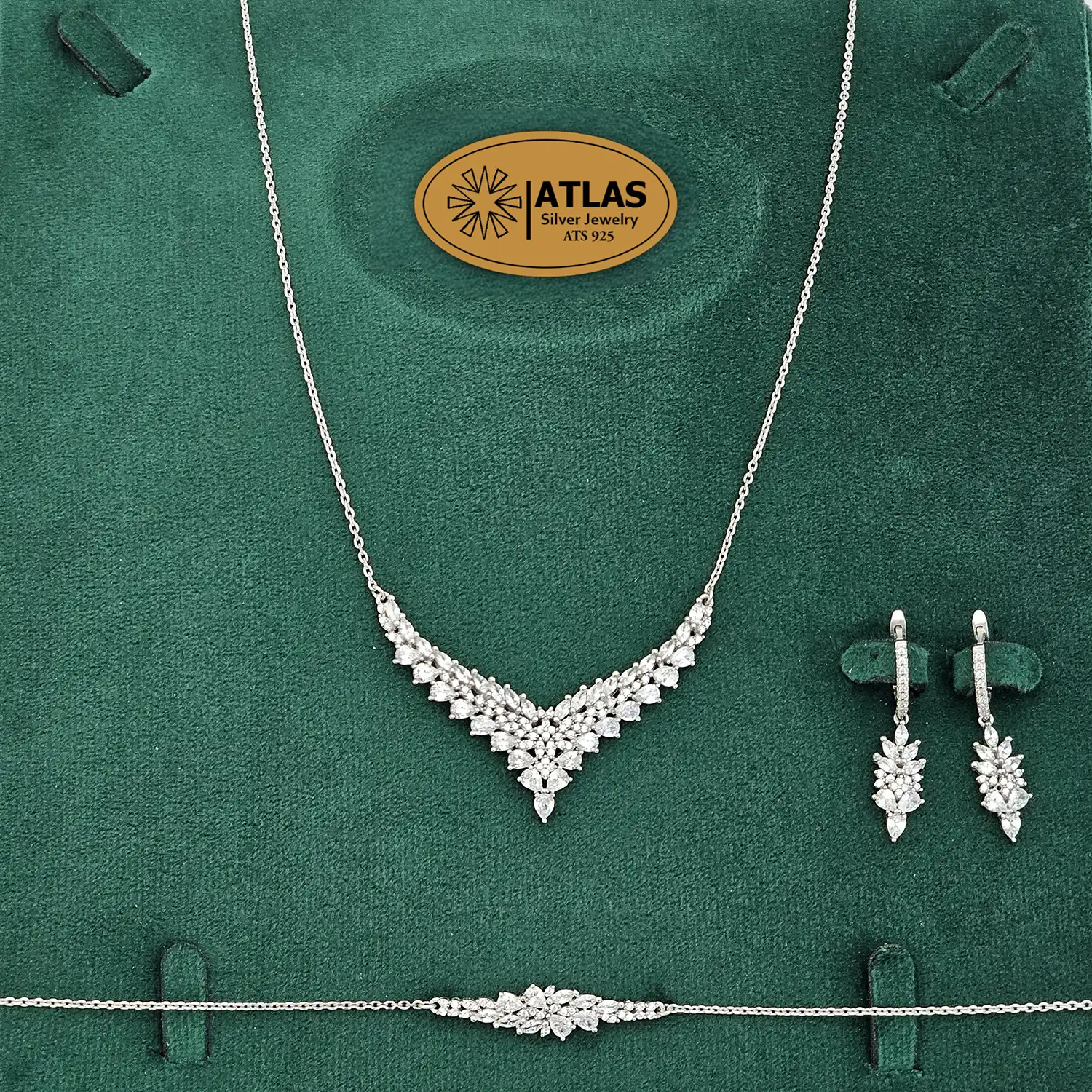 سرویس نقره زنانه میکرو با نگین های برلیان و مارکیز، اشک 16.3 گرمی نقره اصل 925