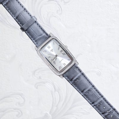 ساعت نقره مردانه نگین دار بند چرمی نقره اصل 925