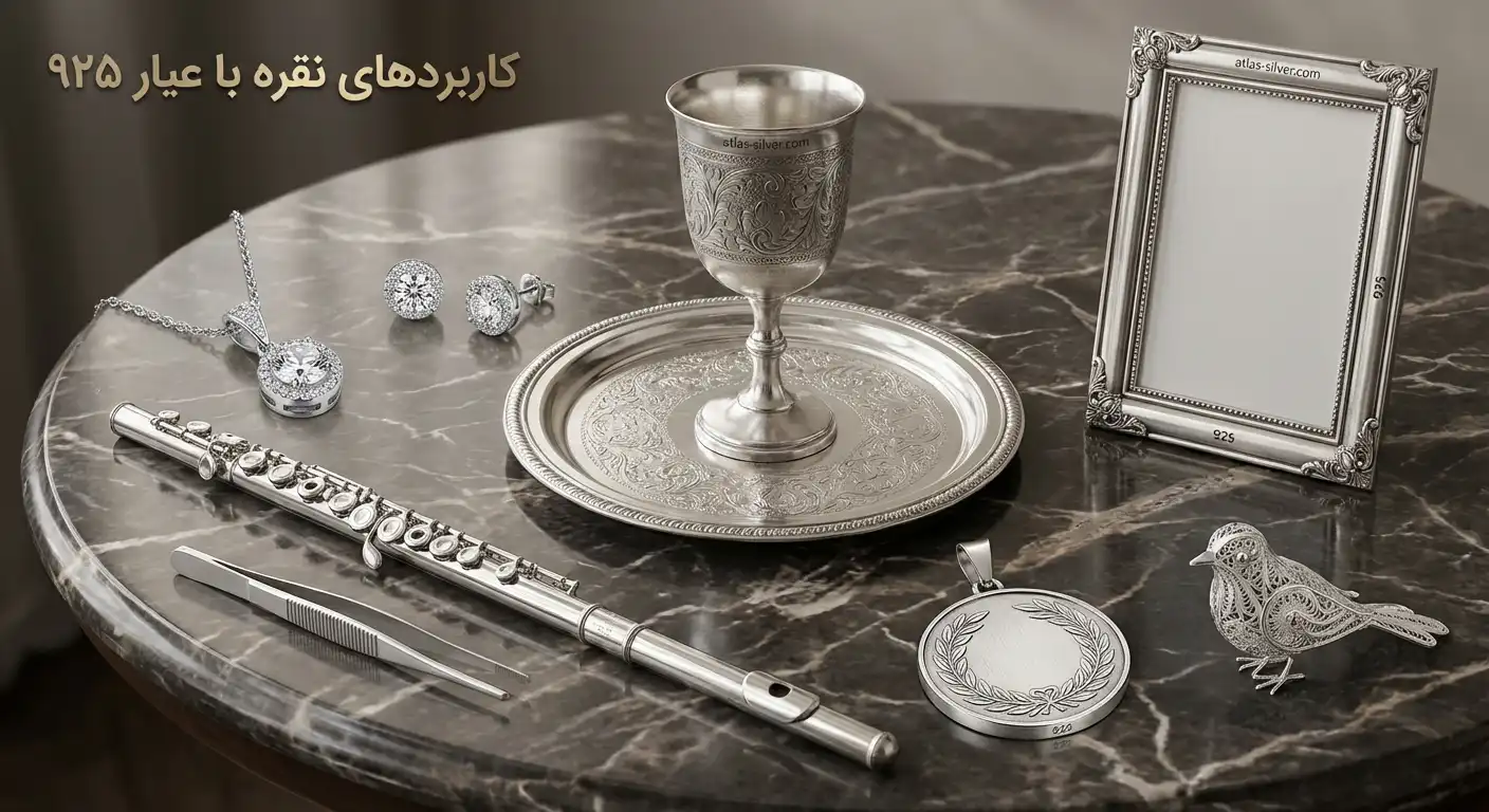 عیار نقره 925 یعنی چه؟ مقایسه با نقره خالص و روشهای تشخیص تقلبی 3 کاربردهای نقره با عیار ۹۲۵ – زیورآلات، ظروف تزئینی، آلات موسیقی، ابزار پزشکی و آثار هنری ساختهشده از نقره استرلینگ - عیار نقره 925 یعنی چه؟