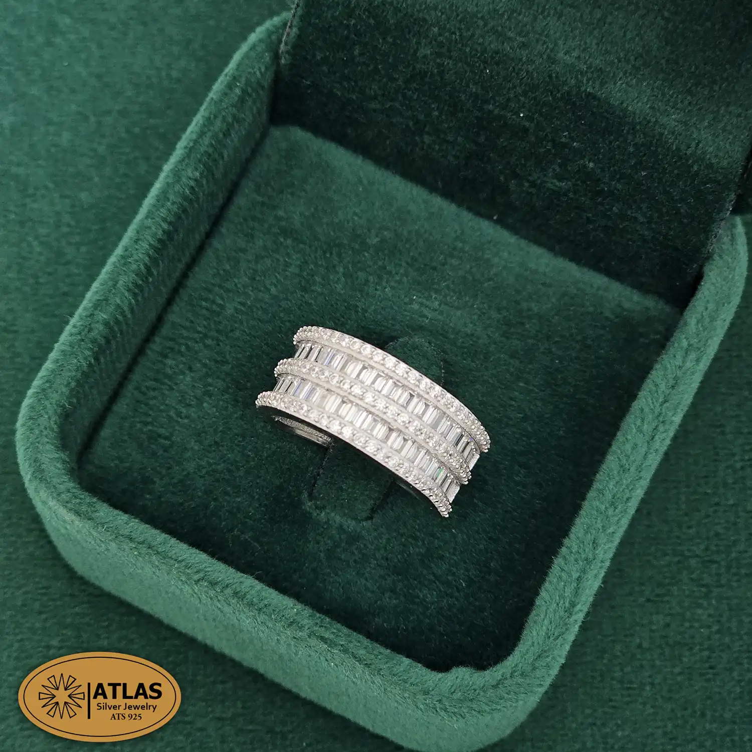 RJ92 انگشتر نقره زنانه مجلسی با نگین های برلیان، باگت 4 گرمی نقره اصل 925 - Image 1