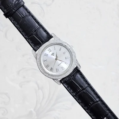 ساعت نقره مردانه نگین دار بند چرمی نقره اصل 925