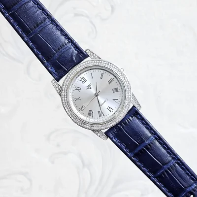 ساعت نقره مردانه نگین دار بند چرمی نقره اصل 925