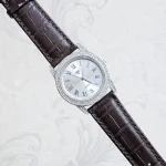 ساعت نقره مردانه نگین دار بند چرمی نقره اصل 925 - Image 8