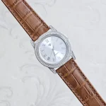 ساعت نقره مردانه نگین دار بند چرمی نقره اصل 925 - Image 5