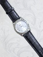 ساعت نقره مردانه سیاه قلم بدون نگین بند چرمی نقره اصل 925 - Image 5