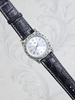 ساعت نقره مردانه سیاه قلم بدون نگین بند چرمی نقره اصل 925 - Image 4