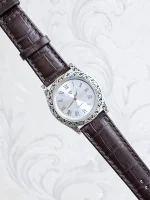 ساعت نقره مردانه سیاه قلم بدون نگین بند چرمی نقره اصل 925 - Image 8