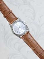 ساعت نقره مردانه سیاه قلم بدون نگین بند چرمی نقره اصل 925