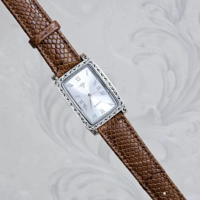 ساعت نقره مردانه سیاه قلم بدون نگین بند چرمی نقره اصل 925