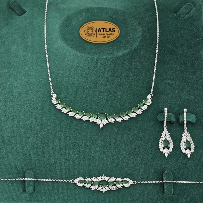 سرویس نقره زنجیری زنانه با نگین های برلیان و اشک، مارکیز 19.7 گرمی نقره اصل 925