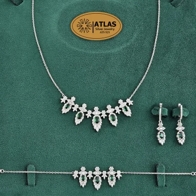 سرویس نقره زنجیری زنانه با نگین های برلیان و مارکیز، باگت 18.9 گرمی نقره اصل 925