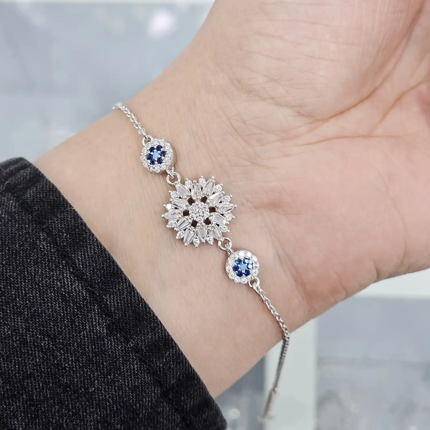 BZ18 دستبند نقره زنجیری با نگین های برلیان 3.3 گرمی نقره اصل 925 - Image 1