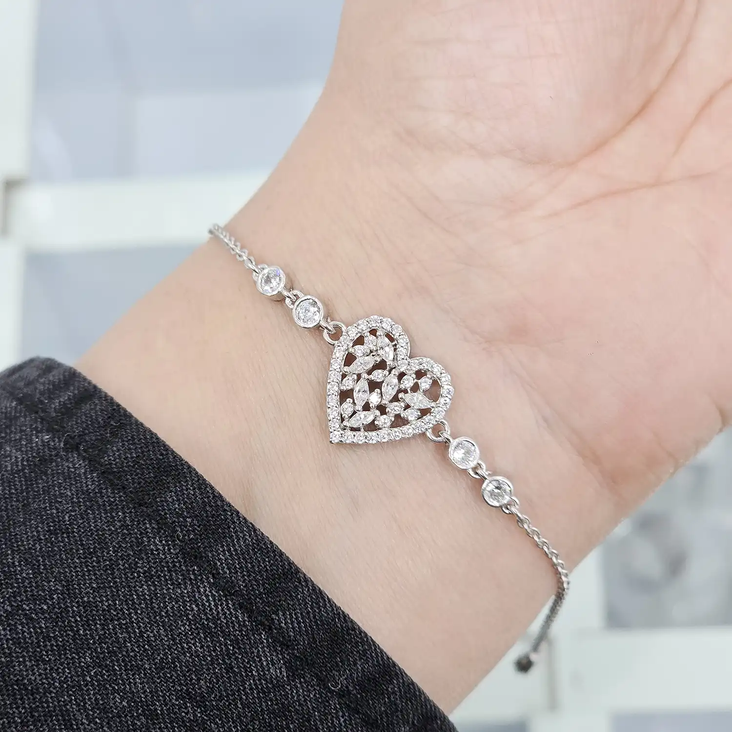 BZ27 دستبند نقره زنجیری با نگین های برلیان 3.2 گرمی نقره اصل 925 - Image 1