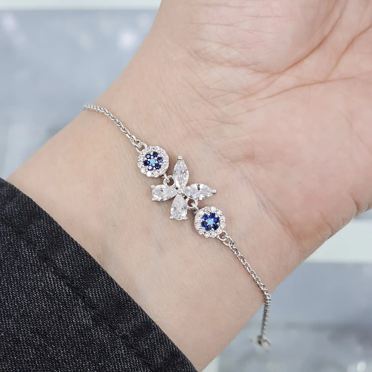 BZ34 دستبند نقره زنجیری با نگین های برلیان 2.9 گرمی نقره اصل 925 - Image 1