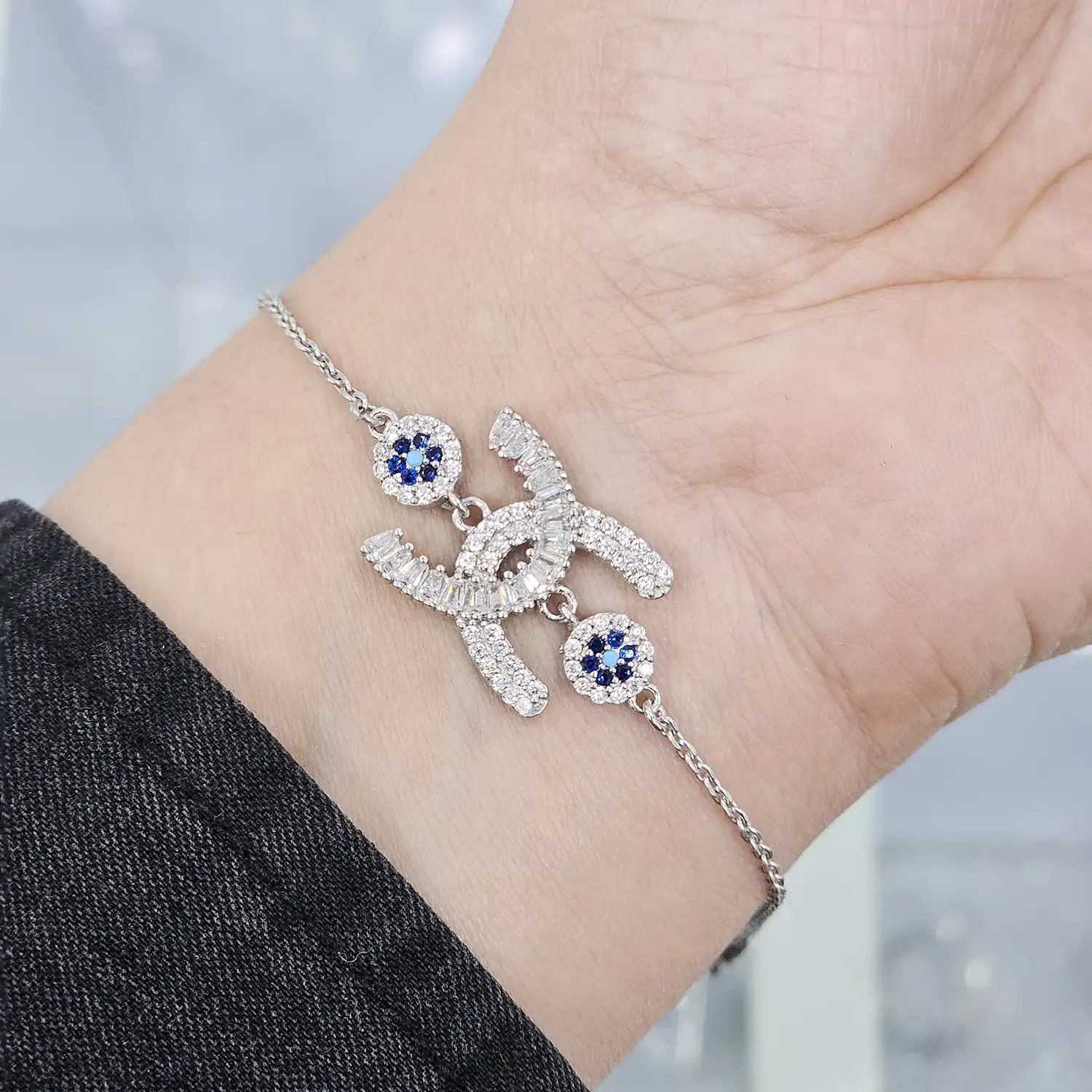 BZ36 دستبند نقره زنجیری با نگین های برلیان 3.5 گرمی نقره اصل 925 - Image 1