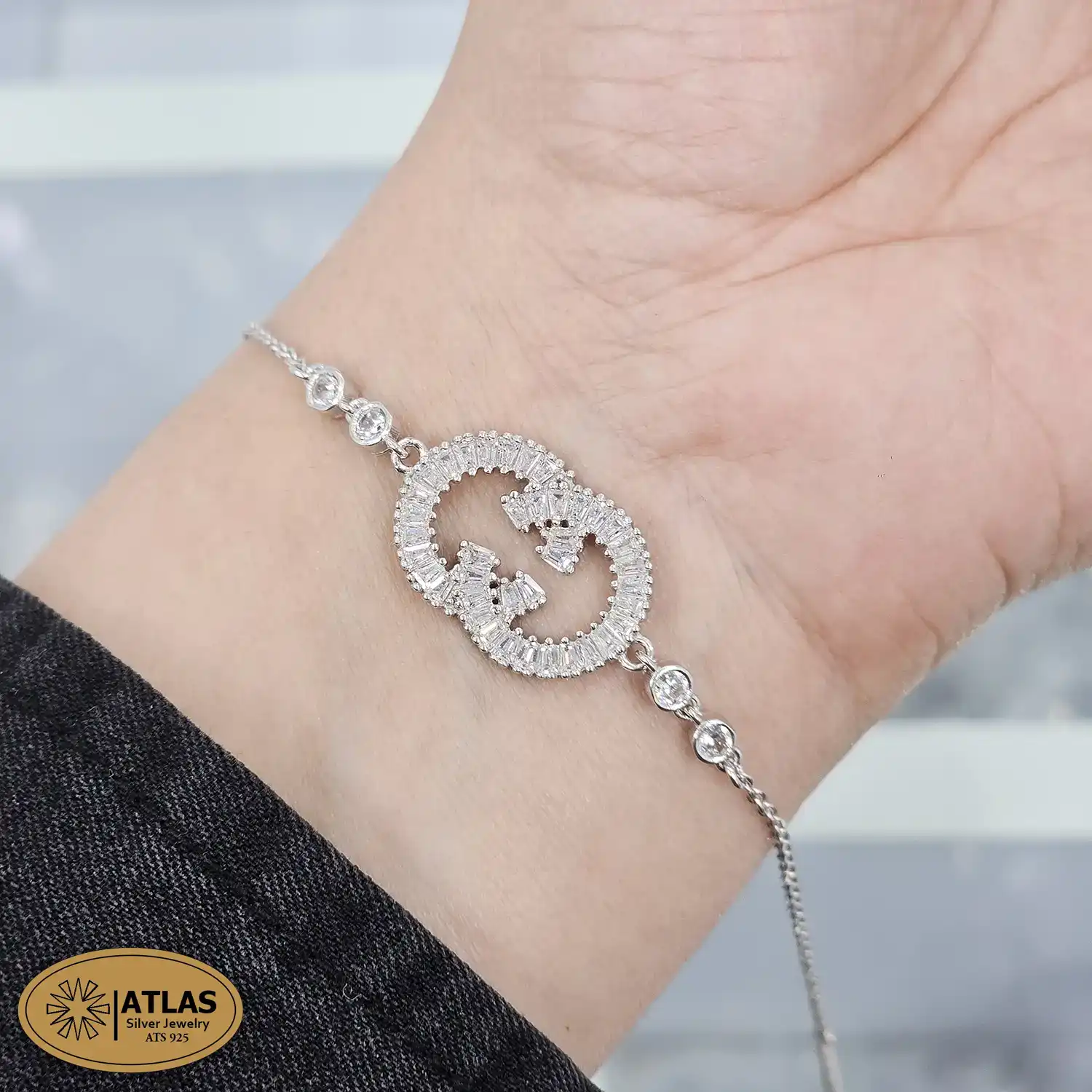 BZ39 دستبند نقره زنجیری با نگین های باگت 3.9 گرمی نقره اصل 925 - Image 1